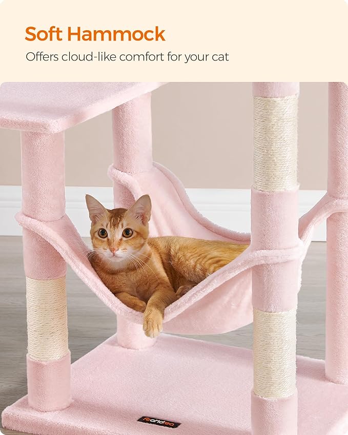 Feandrea Cat Tree, 56.3-Inch Cat Tower for Indoor Cats, Multi-Level Cat Condo with 4 Scratching Posts, 2 Perches, Hammock, Cave, Jelly Pink UPCT161P01