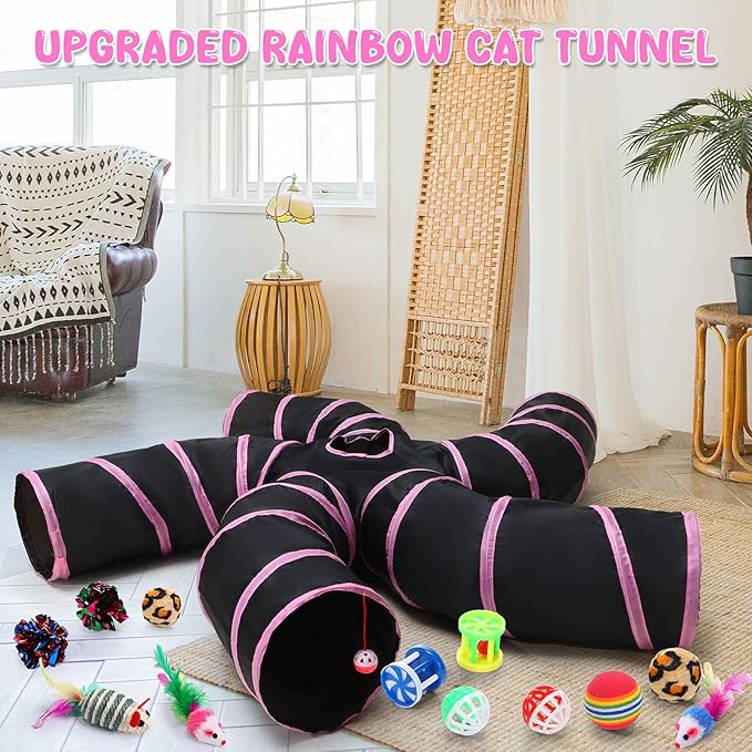 Poen 21 Pcs Cat Tunnel for Indoor Set Collapsible 5 Way Tubes with 20 Pcs Cat Kitten Toys Interactive Feather Toy Mouse Crinkle Balls Tube for Puppy Kitten Rabbit(Pink Black)