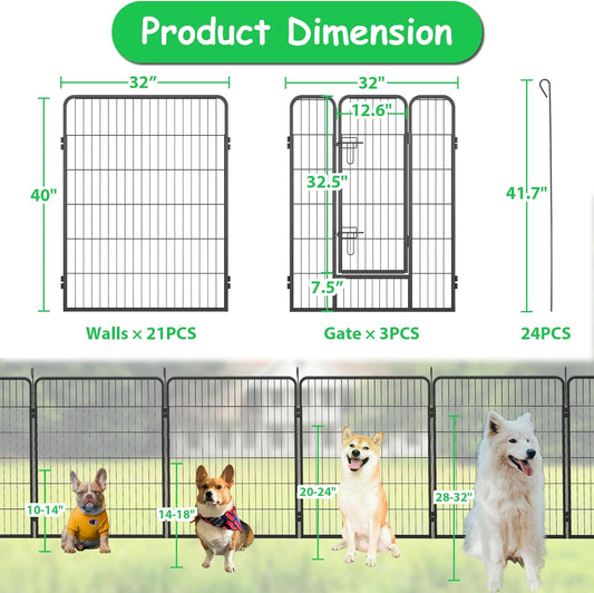 Dog Playpen, Outdoor Dog Fence, 24 Panels, 40" H Dog Pen for Medium/Small Dogs, Heavy Duty Metal Pet Fence with Gate, Portable Dog Fence for RV Camping and Yard (Black)