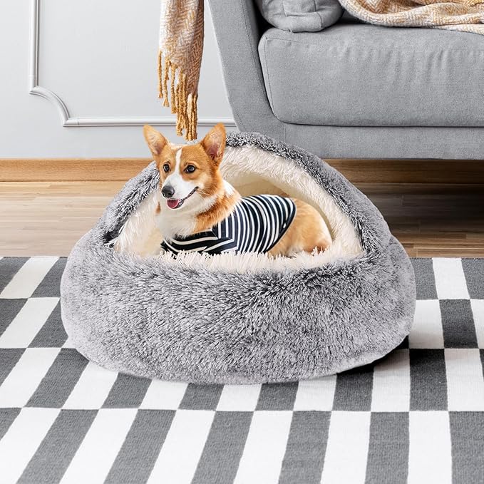 Round Hooded Cat & Dog Bed with Cover Cave, Faux Fur Cuddler - Self Warming Donut Bed Fits up to 22 lbs Pets (Gray, 24" x 24")