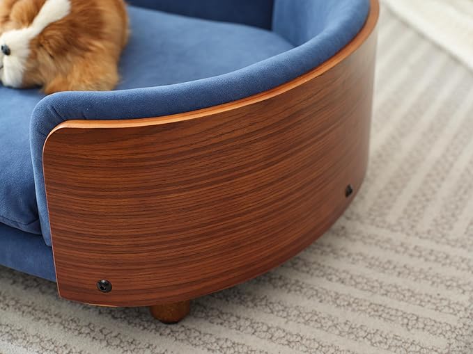 HomSof 26.38" Scandinavian Style Elevated Dog Cat Bed Pet Sofa with Solid Wood Legs and Bent Wood Back with Velvet Cushion,Small Size，Navy+Brown
