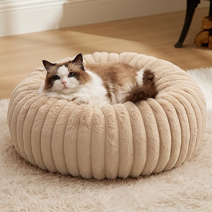 Bedsure Cat beds for Indoor Cats - Donut Dog Beds for Small Dogs with Corduroy Fleece & Anti Slip Bottom, Faux Fur Pet Beds with Washable Removable Cover, Sandy Tan, 20x20x6 inches