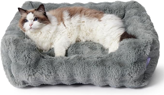 Lesure Fluffy Dog Beds for Puppy&Kitten- Orthopedic Rectangle Calming Pet Sofa,Fluffy Plush Bubble Bolster Cat Bed with Removable Washable Cover and Nonskid Bottom,20x19x6inches,Grey