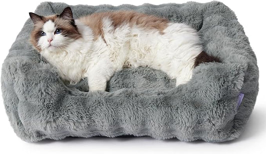 Lesure Fluffy Dog Beds for Puppy&Kitten- Orthopedic Rectangle Calming Pet Sofa,Fluffy Plush Bubble Bolster Cat Bed with Removable Washable Cover and Nonskid Bottom,20x19x6inches,Grey