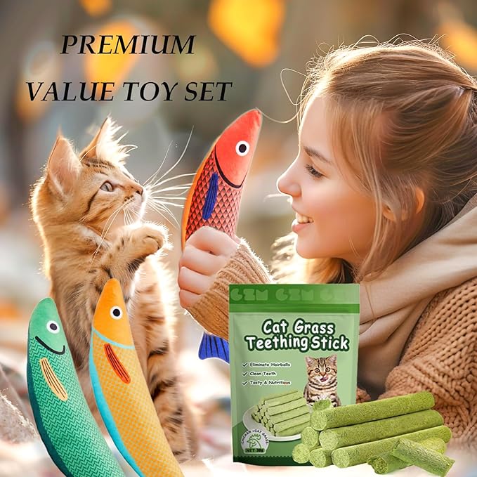Cat Toys for Indoor Cats 9pcs Saury Fish Toy Catnip Toys Cats Interactive Toys Kitten Dental Gifts Cat Kicker Grass Stick Kitty Chew Plush with Bells