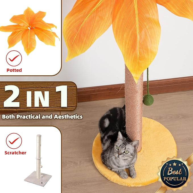 Scratching Post 33 inch Tall for Indoor Cats with Sisal Rope, Scratcher for Cute Kitten, Yellow