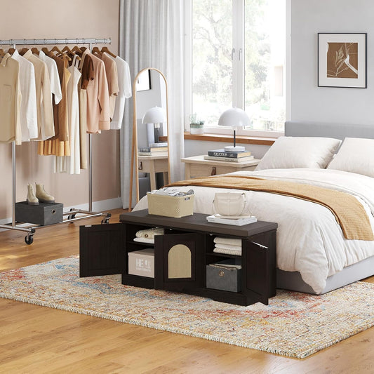 DINZI LVJ Shoe Bench, Entryway Storage Bench with Doors, Cushion, 2-Tier Shoe Rack with 6-Cubby, 39.4”L x 13.8”W Shoe Organizer Cabinet, Adjustable Shelf, Living Room, Bedroom, Espresso with Rattan