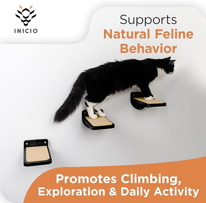 INICIO Cat Wall Stairs - Set of 3 Wall Steps for Cats to Climb with Fixtures, 9.3"x4.7" - Floating Steps for Climbing or Playing - for Kittens and Adult Cats, Black