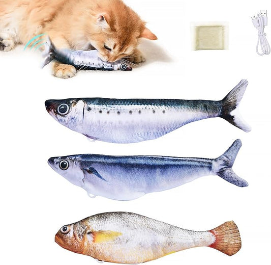 Bite-Sized Realistic Flopping Fish Cat Toys, 3 Pack, Interactive Cat Toys for All Breeds, Tap-Activated 3 Flapping Mode, Sardine/Saury/Yellow Croaker, 7.1 Inches, with Catnip, Rechargeable