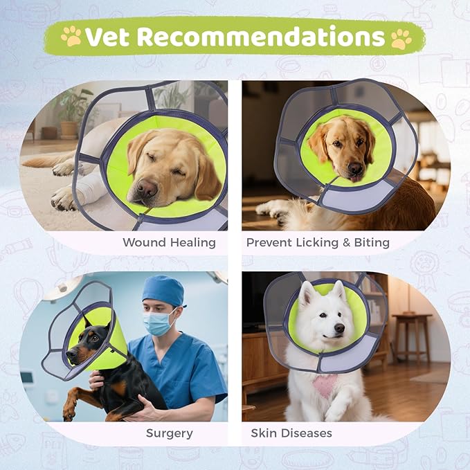Soft Dog Cone Collar After Surgery Recovery,Adjustable E-Collar with Removable Shield,Lightweight,Breathable Anti-Licking Protective Cone for Large,Medium,Small Pets (Neon Green, XL (Neck:17''-22''))