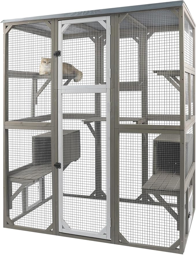 Catio Outdoor Cat Enclosure Large Window Cat House Walk in Kitty Cage with Multi-Level Platforms, Waterproof Roof for Mulitiple Cats (59" L x 29.5" W x 67.7" H)