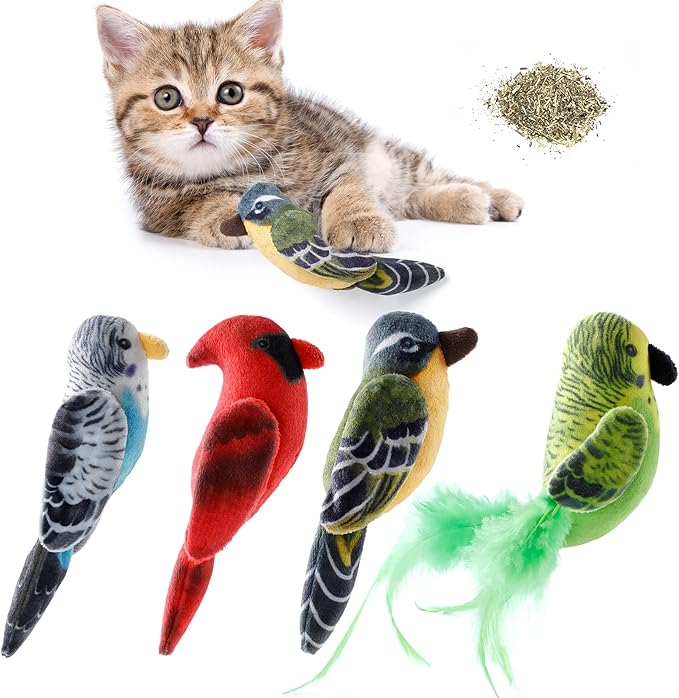 Dorakitten Cat Catnip Toys Interactive Cats 4pcs Kitten Plush Nip Chew Bird Toy with Crinkle Paper Pet Best Treats Stuffed Pillow Cute Teething Play Gifts Soft Kick Sound Supplies for Indoor Kitty