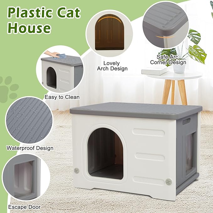 Deblue Plastic Cat House for Indoor & Outdoor, Waterproof Feral Cat House with Escape Door, Sturdy Pet Shelter for Cats, Puppy, Rabbit, Easy to Assemble and Clean-Grey