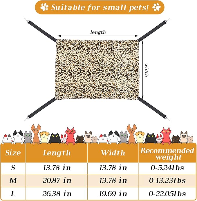 2 Pieces Reversible Cat Hanging Hammock Soft Breathable Pet Cage Hammock with Adjustable Straps and Metal Hooks Double Sided Hanging Bed for Small Dogs Rabbits(Leopard and Dot,M)