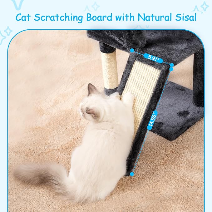 Hey-brother Cat Tree, 42.5-Inches Cat Tower for Indoor Cats, Plush Multi-Level Kitten Cat Condo with Scratching Post, Ramp, Basket, Spacious Cat Cave, Hanging Ball, Smoky Gray MPJ007SG