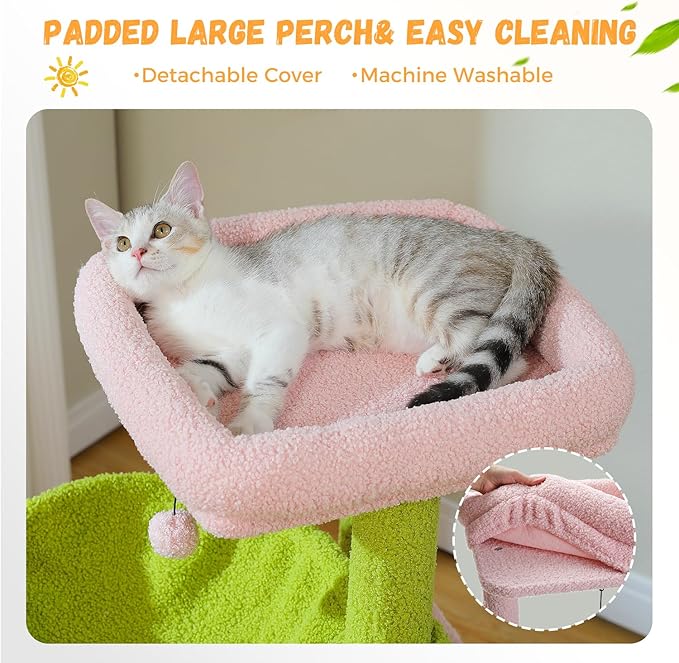 PAWZ Road Large Cat Tree, 41 Inches Multi-Level Cat Tower with 2 Spacious Condos for Large Indoor Cats, Pink Flower Cat House with Comfy Hammock, Padded Perch, Scratching Pad and Replaceable Balls