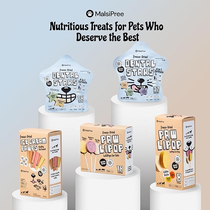 MalsiPree Cat Dental Treats - Chicken Base, 32-Count - Freeze Dried Cat Treats & Dental Chews - Freshens Breath & Minimizes Tartar - Anti-Choke Star Shape - Natural Lysozyme