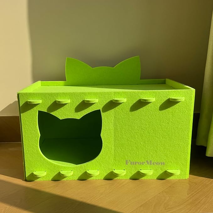 Cat House Cat Ear Design, Large Spacious Cozy Indoor Cat Bed Cave, Scratch Resistant Strong Thick Premium Felt Condo, Fun Hideaway for Multiple Cats, 21.5x13x11.6 inches (Bright Green)