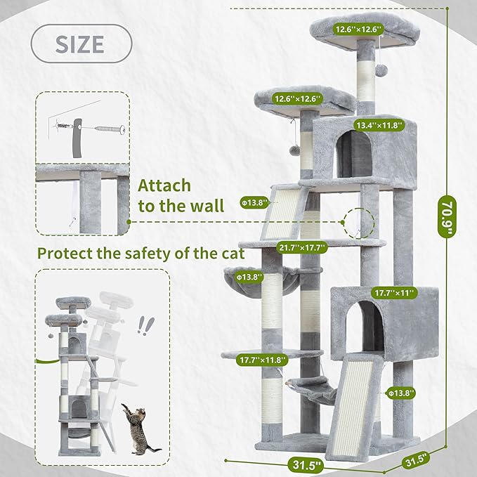 Cat Tree for Indoor Cats, 71'' (180cm) Multi-Level Cat Tower for Large Adult, Sturdy Cat Tree House with 2 Scratching Boards 7 Posts, 2 Plush Perches/Condos, Hammock, Light Gray GCT032W