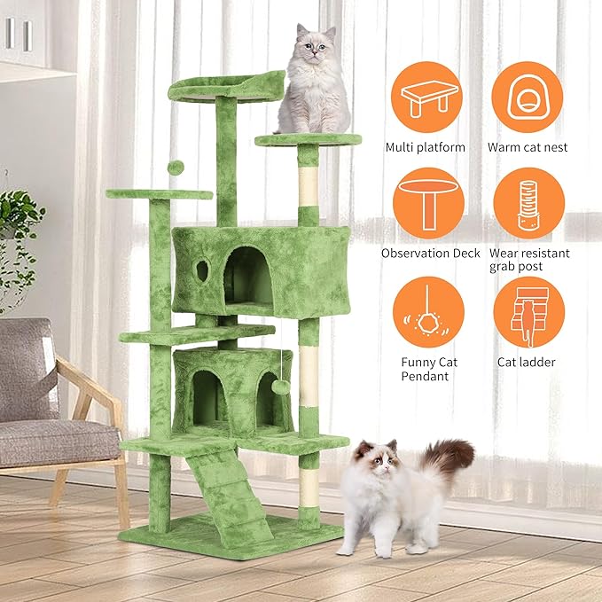 BestPet 54in Cat Tree Tower for Indoor Cats,Multi-Level Cat Furniture Activity Center with Cat Scratching Posts Stand House Cat Condo with Funny Toys for Kittens Pet Play House,Green