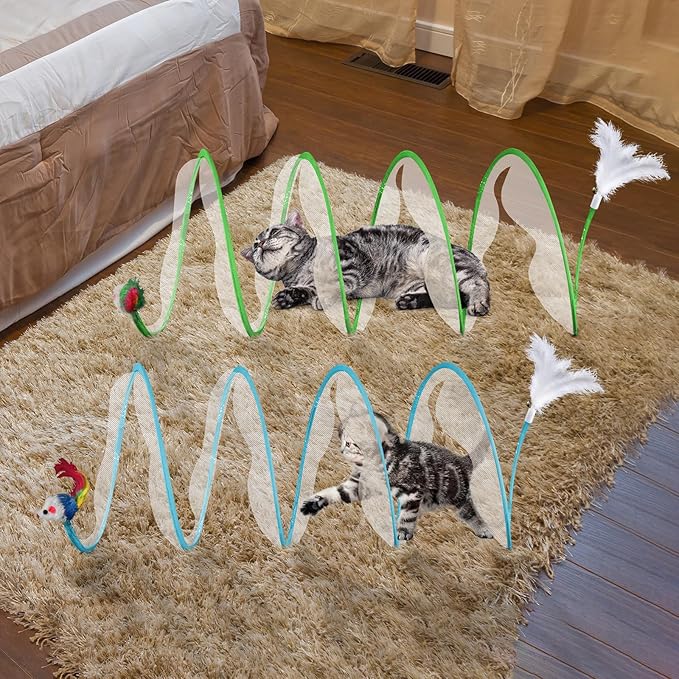 2-Piece Spiral Cat Tubes for Indoor Cats, Large Collapsible Tunnel with Feather Mouse Interactive Toy (Green + Blue)