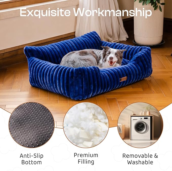 MEWOOFUN Dog Sofa Bed, Fluffy Dog Couch with Removable Washable Cover, Supportive Puppy Bed for Medium Sized up to 45 lbs (Navy Blue, 36x28x12)
