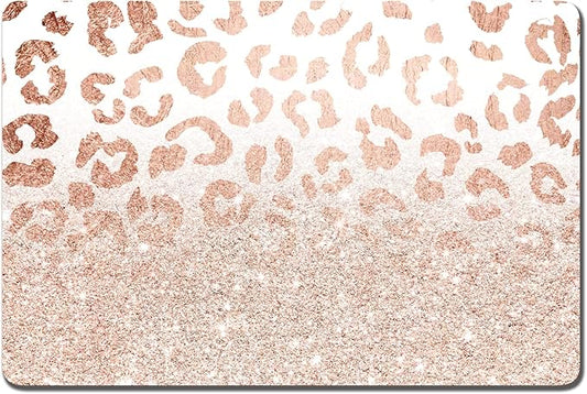 Rnivvi Dog Food Mat, 12" x 19" Leopard Absorbent Dog Cat Bowl Mat for Food and Water, Cute Anti-Slip Rubber Pet Feeding Rug Protect Floors, Puppy Placemat for Feeding & Watering Supplies, Rose