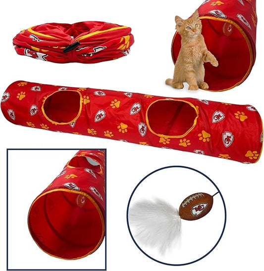 NFL Kansas City Chiefs Cat Tunnel Tube Toy with Plush Football Catnip and Feathers Collapsible Tunnel for Cats to Play, Peek and Hide, Sporty & Fun Cat Tunnel Toy with Team Logo All-Over Design!