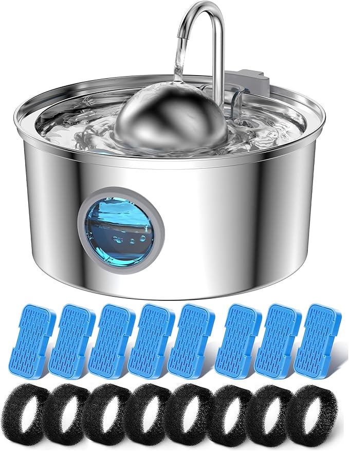 AONBOY Cat Water Fountain with 16 Filters, 108oz/3.2L Cat Fountain Stainless Steel, Includes 8 Carbon Filters and 8 Sponge Filters, Faucet Shape Dog Water Fountain, Double Noise Reduction Design