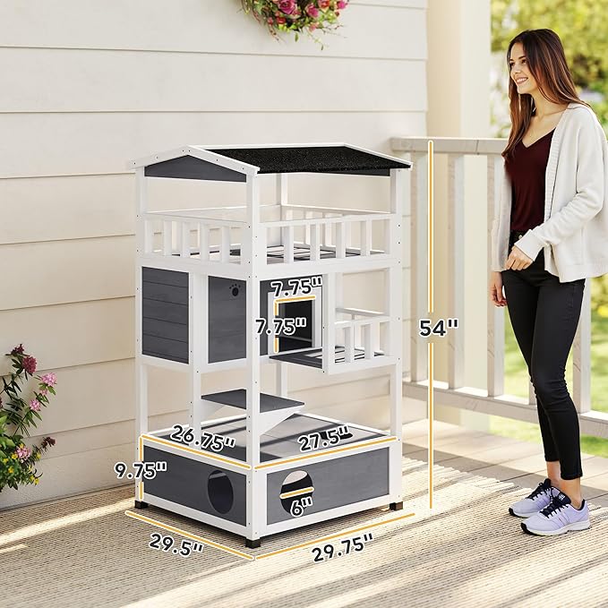 PawHut Wooden Outdoor Cat House, Feral Cat Shelter Kitten Condo with Asphalt Roof, Escape Doors, Condo, Jumping Platform, Gray