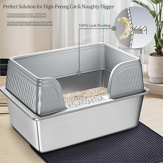 Vealind XXL Stainless Steel Cat Litter Box High Sided with Lid 23.7" L x 16" W x 14" H Anti Leakage Extra Large Metal Cat Litter Tray with Scoop and Mat for Big Cats (Grey)