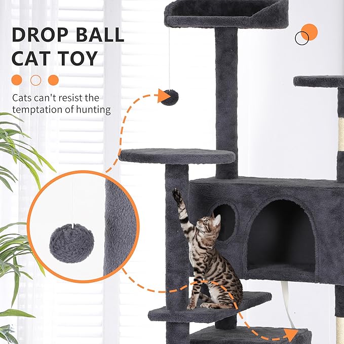 BestPet 62in Cat Tree Tower for Indoor Cats,Multi-Level Cat Furniture Activity Center with Cat Scratching Posts Stand House Cat Condo with Funny Toys for Kittens Pet Play House,Dark Gray