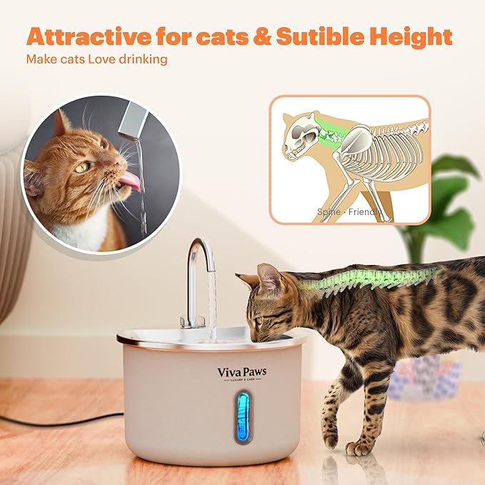 Viva Paws Cat Water Fountain Stainless Steel – Ultra-Quiet Automatic Drinking Fountain for Cats, 2.2L Indoor Pet Fountain with 4-Stage Filtration for Fresh & Clean Water