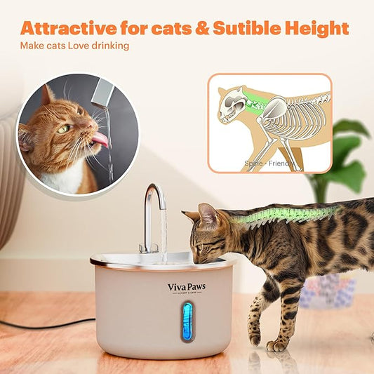 Viva Paws Cat Water Fountain Stainless Steel – Ultra-Quiet Automatic Drinking Fountain for Cats, 2.2L Indoor Pet Fountain with 4-Stage Filtration for Fresh & Clean Water