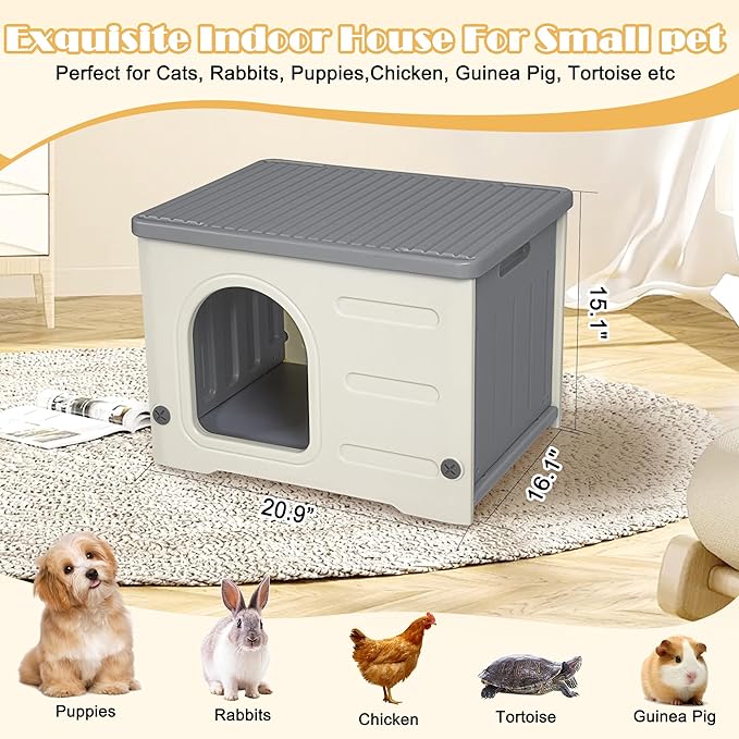 Hicaptain Cute Durable Cat Houses for Indoor Cats Plastic Feral Outdoor Cat House Puppy Shelter for Small Medium Pets-Grey
