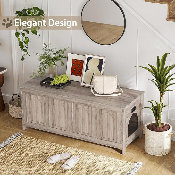 DINZI LVJ Cat Litter Box Enclosure, Flip Top Litter Box Furniture, Hidden Cat Washroom, 2-Entrances Wooden Pet House, 47.2" L x 18.7" W x 19.7" H, End Side Table, TV Stand, Easy to Assemble, Greige