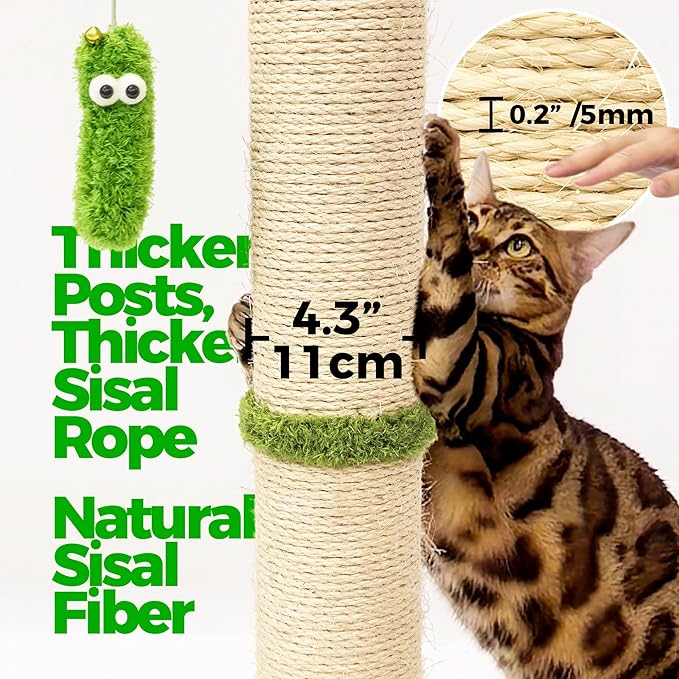 TINYBEAST 34.7" Tall Cat Scratching Post, 3 in 1 Heavy Duty 4.3" Diameter Natural Sisal Post with Hanging Bell Ball, Reinforced Stable Base for Indoor Adult Cats and Kittens(Grey)