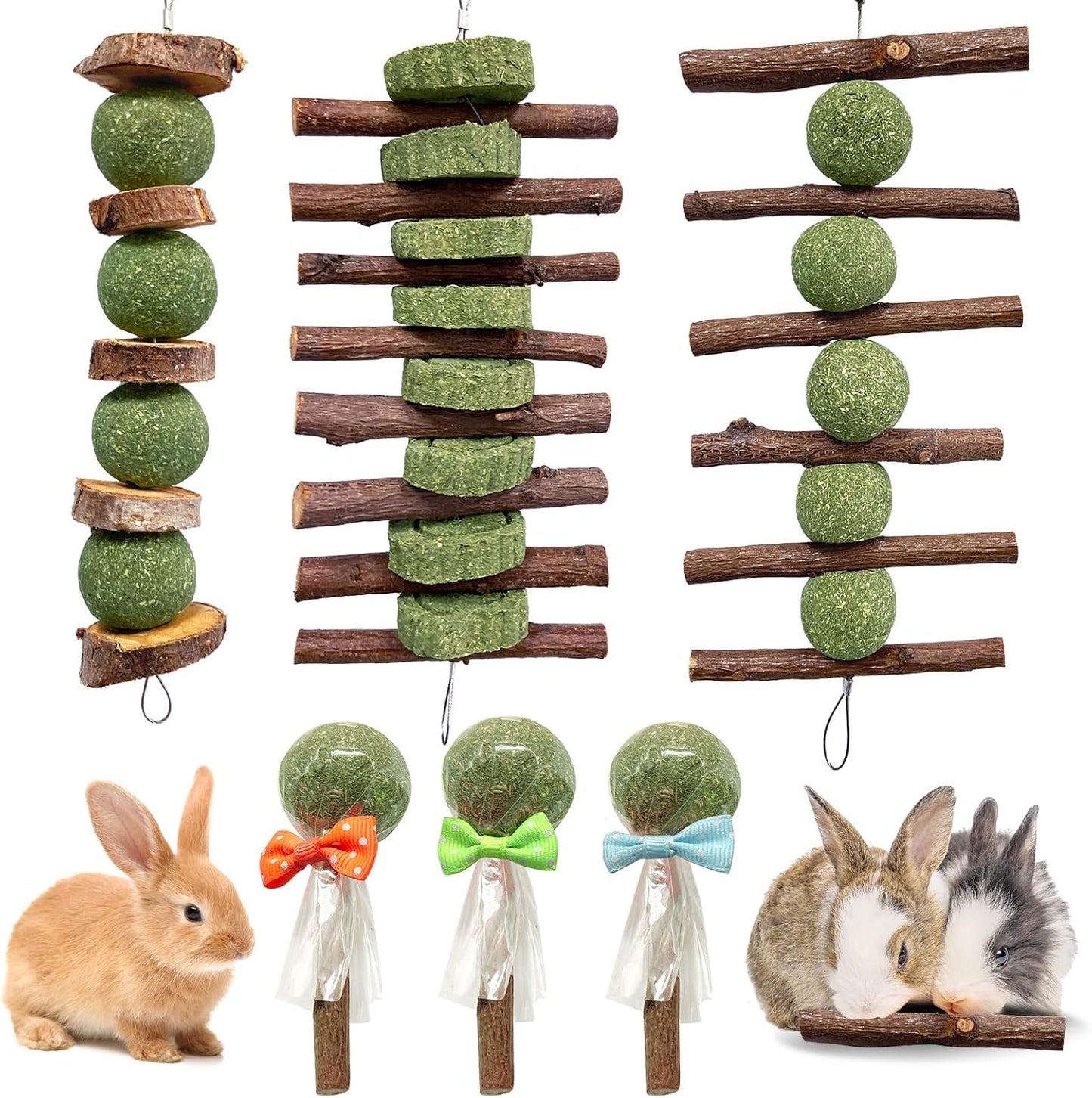 3 Pcs Bunny Chew Toys with 3 Pcs Rabbit Chew Lollipop for Teeth Grinding, Improve Dental Health, Treats for Rabbits Guinea Pigs Chinchillas Bunnies Hamsters