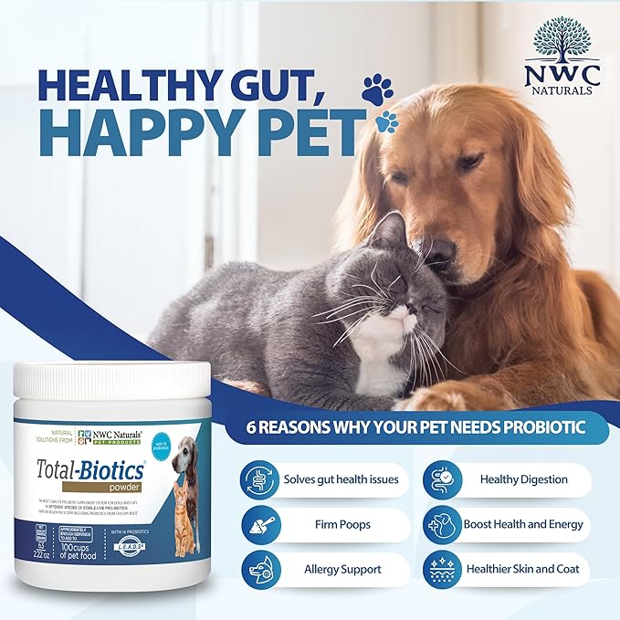 NWC Naturals Total-Biotics, Cat & Dog Probiotics for Digestive Health with Prebiotic, Unflavored Probiotic for Dogs & Cats, Supplement for Gut, Skin, Coat, Stomach Relief, 100 Servings, 2.22 Ounces