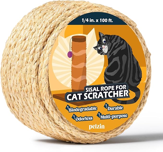 Natural Sisal Rope for Cat Scratcher 1/4 Inch by 100 Feet, Cat Tree Rope Twine for Cat Scratching Post Replacement, Cat Tower with Scratch Post Repairing, Replace, Recovering and DIY, Natural