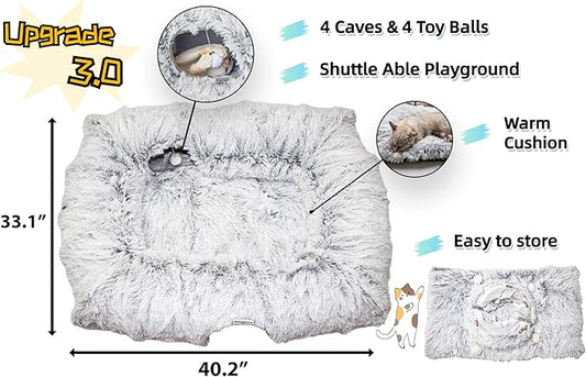 XxingSheep 4 Cave Shuttled XL Cat Tunnel Bed for Indoor Cats Peekaboo Toy Donut with Warm Mat
