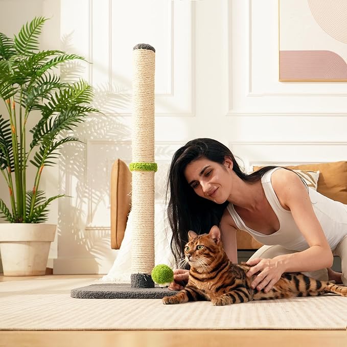 TINYBEAST 34" Tall Cat Scratching Post for Indoor Cats, Premium Natural Sisal Scratcher with Interactive Plush Toy Ball, Reinforced Stable Base for Large Adult Cats & Kittens(Grey)