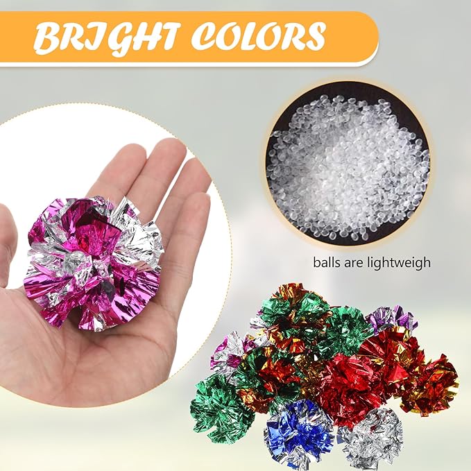 Silkfly 100 Pcs Polyester Film Crinkle Balls Cat Interactive Toys 2.36 Inch Colorful Chew and Chase Cat Ball Toys Attract Kittens for Indoor Keep Fit Active