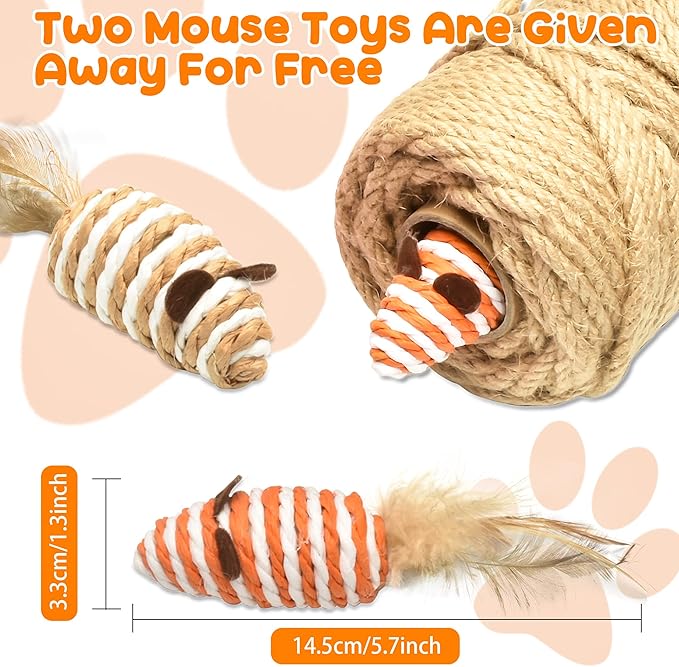 164FT/50M Cat Scratching Sisal Rope, 6mm Thick Natural Jute Rope for Scratch Posts, Cat Trees, DIY Projects, Sisal Rope for Cat Scratcher with 2 Cat Mouse Toys (Natural, 164ft)