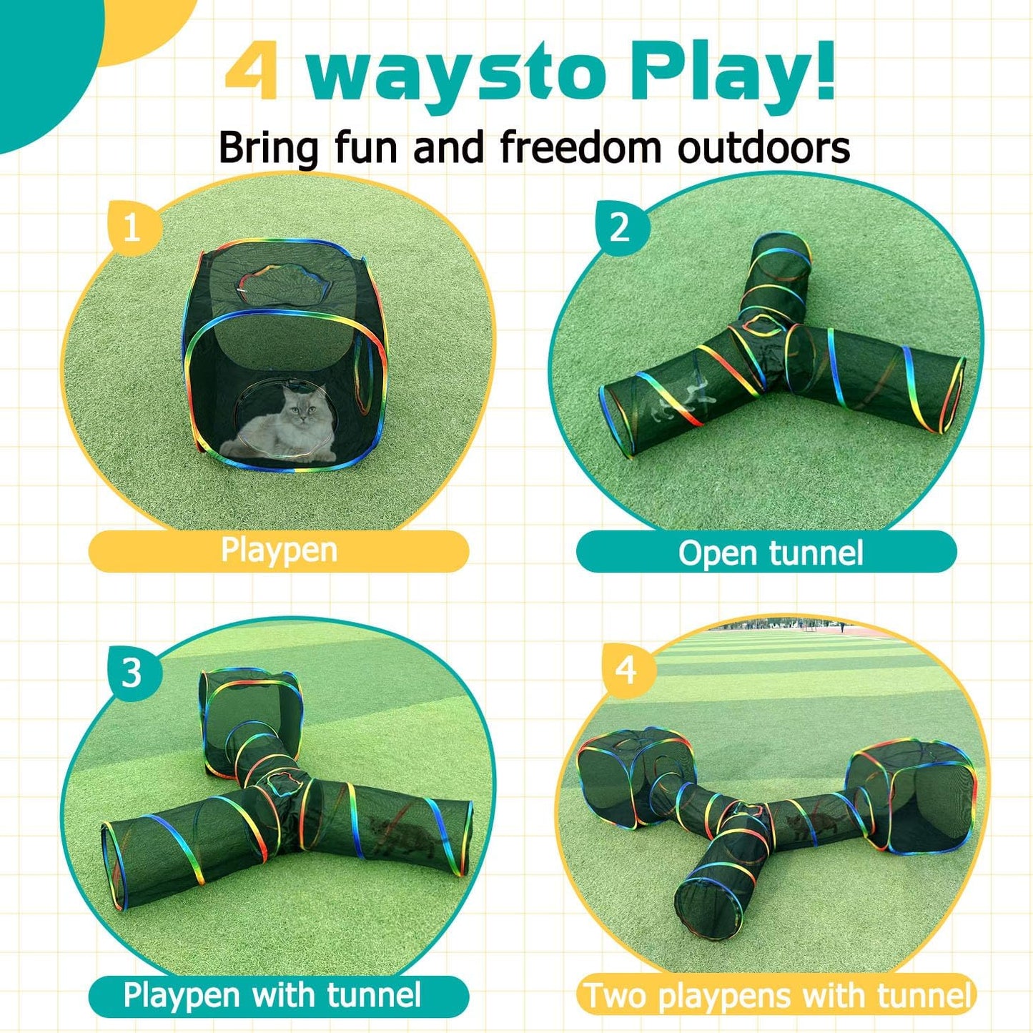 LUCKITTY Outdoor Rainbow Cat Enclosures Playground,Outside House for Indoor Cats Include Portable Tent, 3 Way with 2 Cube Tunnel, for Kitty and Small Animals,Within Storage Bag