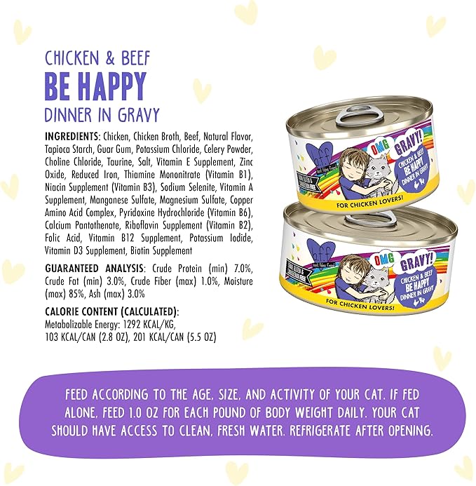 Weruva B.F.F. OMG - Best Feline Friend Oh My Gravy!, Chicken & Beef Be Happy with Chicken & Beef in Gravy, 2.8oz Can (Pack of 12)