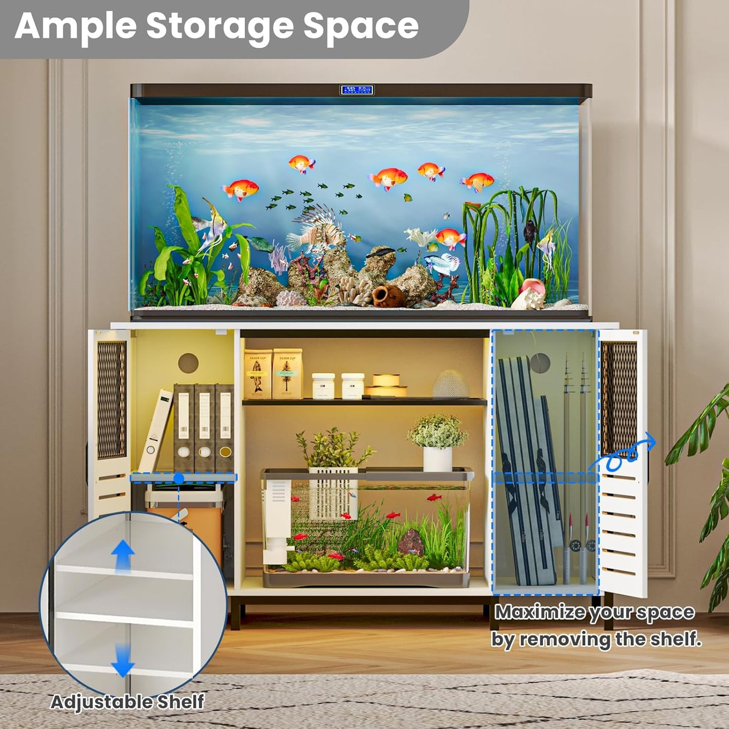 EAG 55-75 Gallon Fish Tank Stand with Power Outlets & LED Light, Heavy Duty Aquarium Stand with Adjustable Shelves, Turtle Reptile Terrarium Tank Stand with Cabinet, 1250LBS Capacity, White