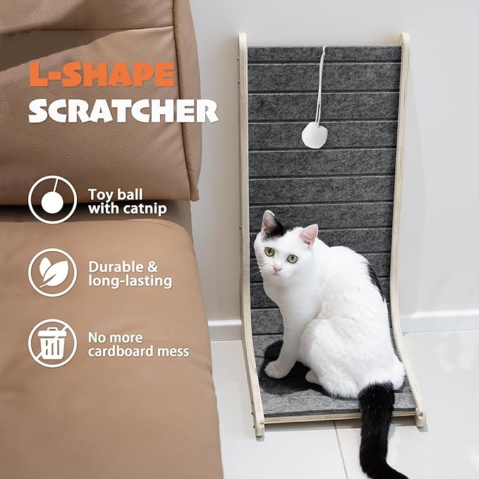 PETKARAY Felt Cat Scratcher, Vertical Cat Scratching Carpet, Scratch Resistant Couch Felt Scratcher, Slot-Free Scratch Pad with Toy Ball, Dark Grey