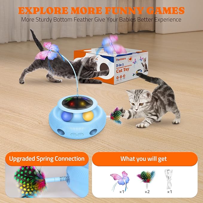 Interactive Cat Toy: 3 in 1 Automatic Cat Toy for Indoor Cats, Electric Kitten Toy with Rechargeable Battery, Self Play Kitty Toys with Rotating Fluttering Butterfly,Track Ball and Ambush Feather,Blue