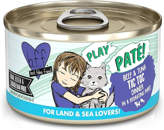 Weruva B.F.F. Play - Best Feline Friend Paté Lovers, Aw Yeah!, Beef & Tuna Tic TOC with Beef & Tuna, 2.8oz Can (Pack of 12)